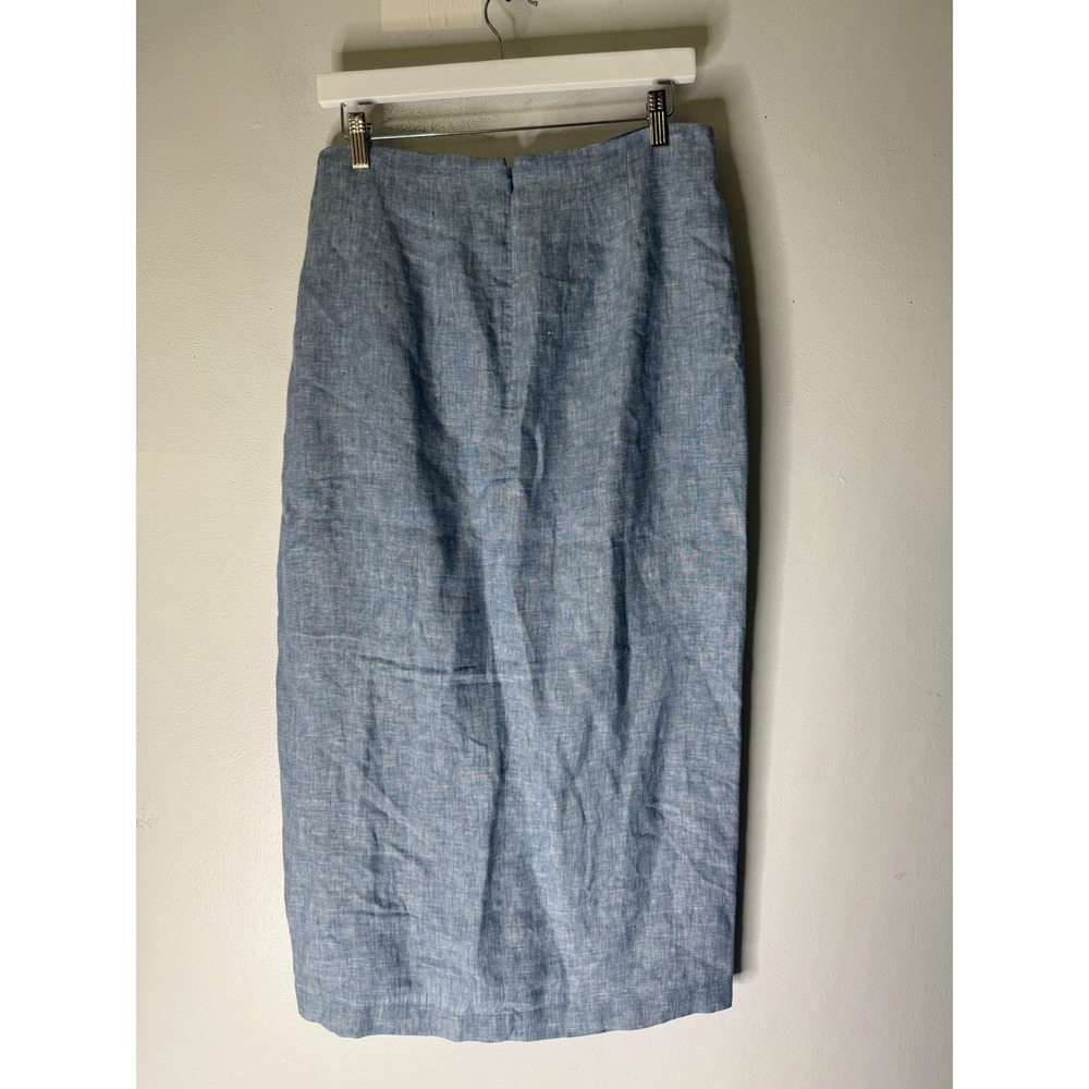 LOFT 100% Linen Skirt Sky Chambray Blue Button Midi Straight Split size 6 - Picture 2 of 6